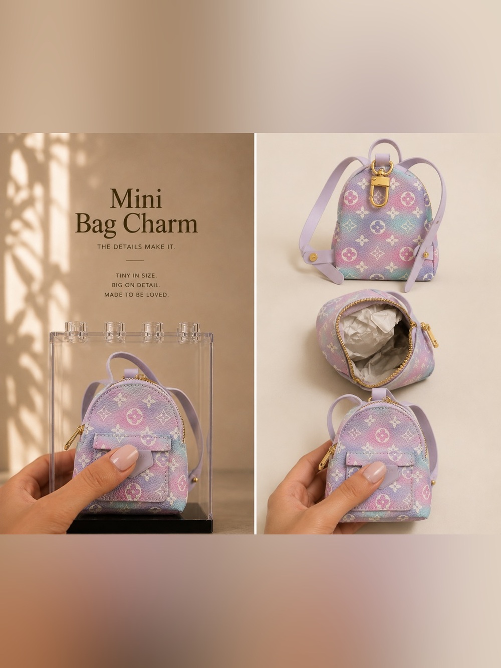 Mini Pastel Monogram Backpack Charm - Lavender Multi